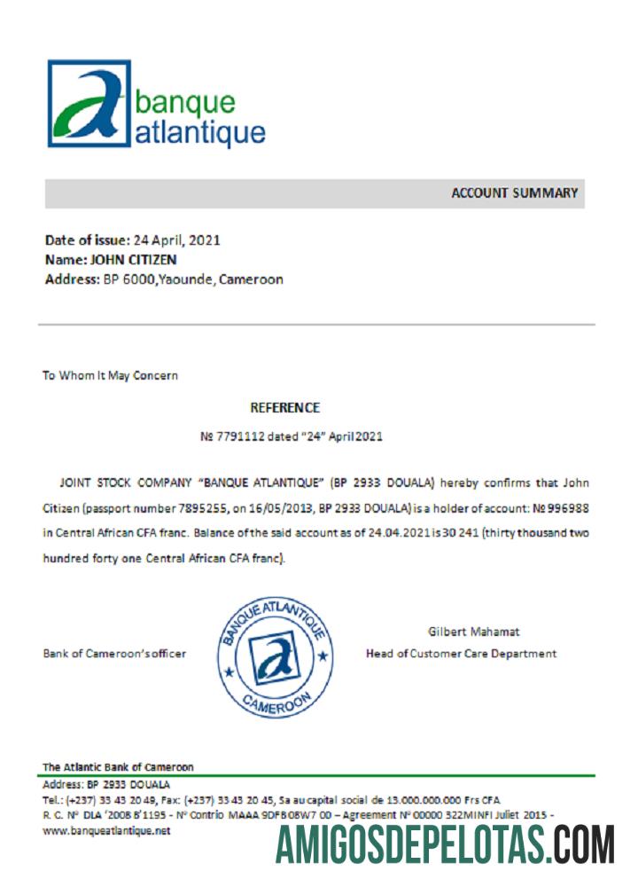 Camarões Referência do Atlantic Bank exemplo real